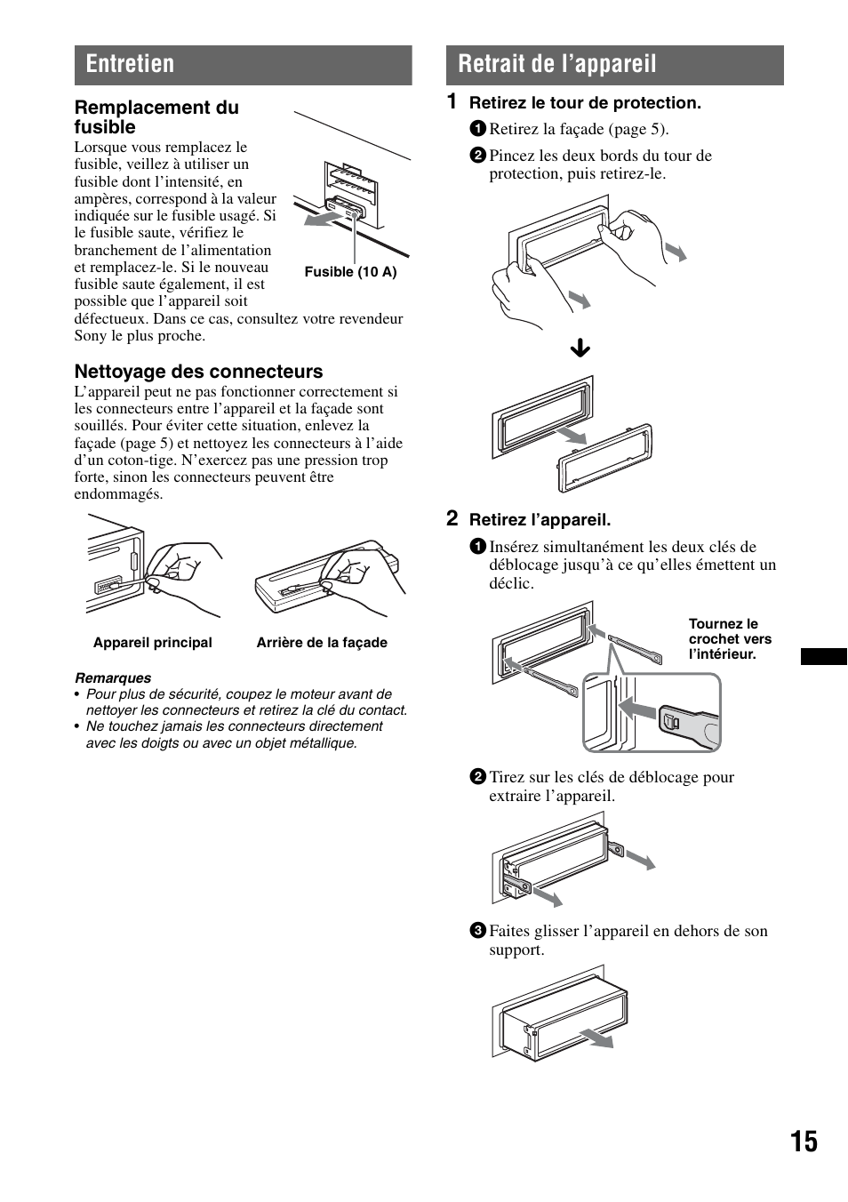 Entretien, Retrait de l’appareil, Entretien retrait de l’appareil | Sony CDX-GT29 User Manual | Page 49 / 92