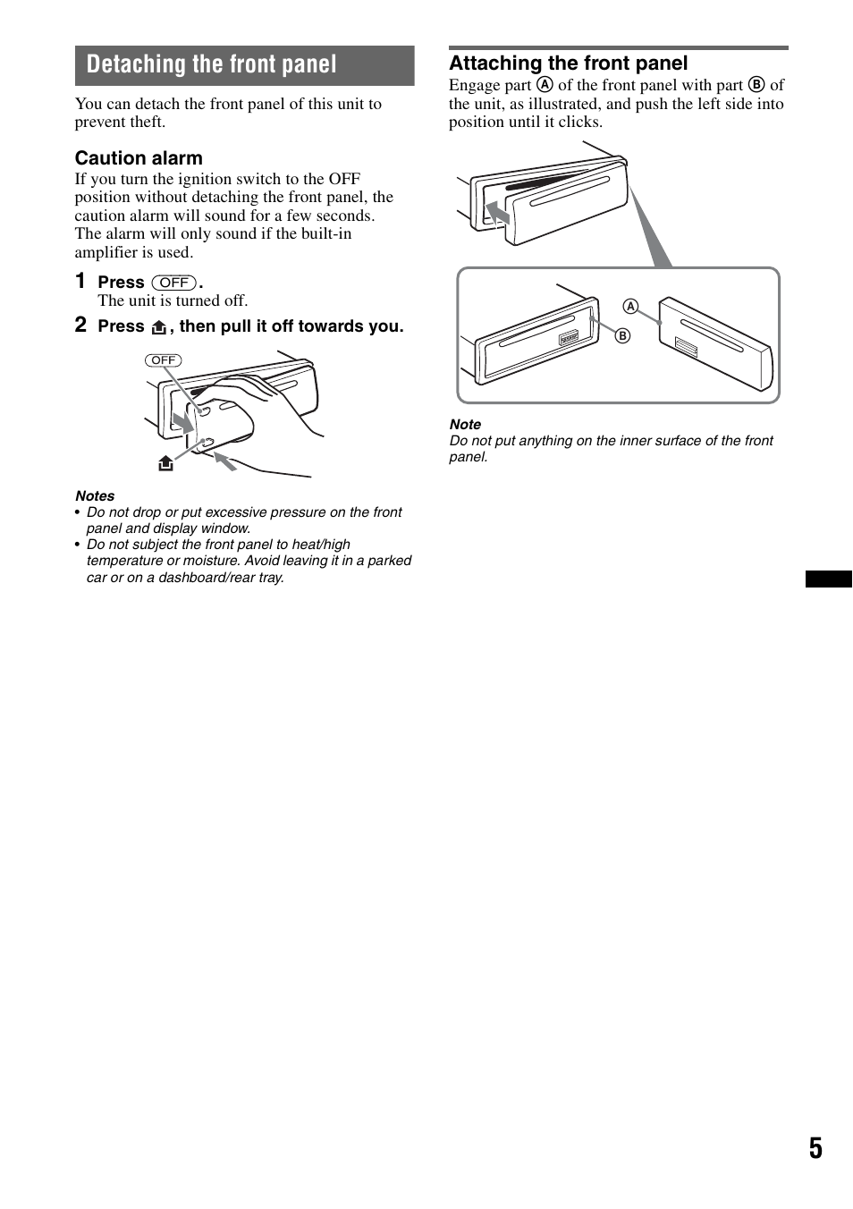 Detaching the front panel, Attaching the front panel | Sony CDX-GT29 User Manual | Page 5 / 92