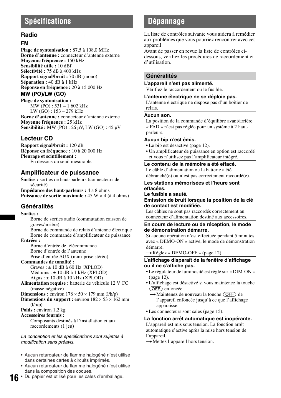 Spécifications, Dépannage, Spécifications dépannage | Sony CDX-GT29 User Manual | Page 50 / 92