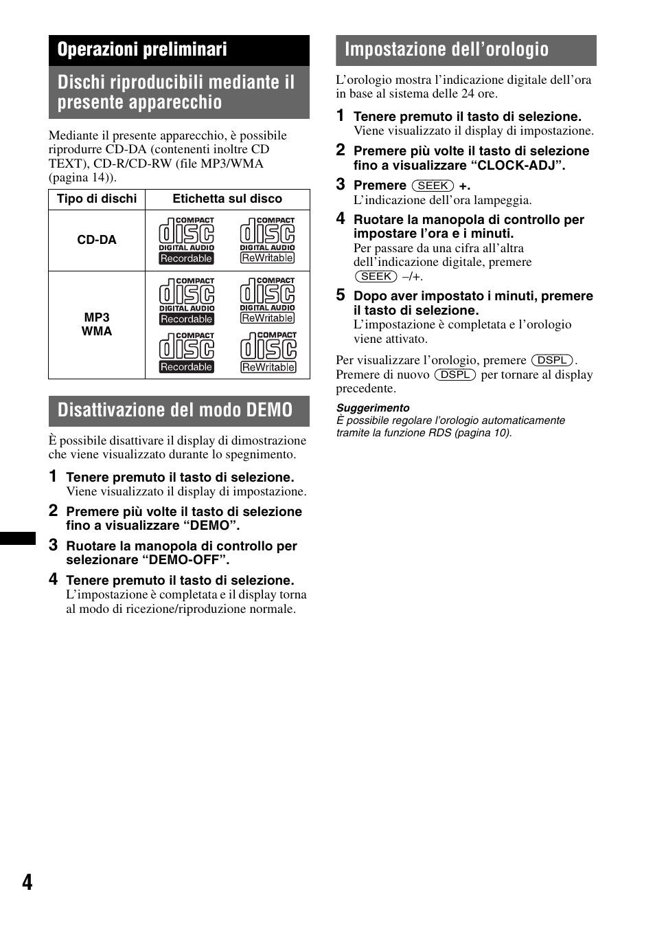 Operazioni preliminari, Disattivazione del modo demo, Impostazione dell’orologio | Sony CDX-GT29 User Manual | Page 56 / 92