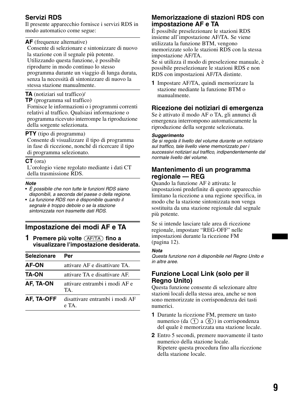 Impostazione dei modi af e ta | Sony CDX-GT29 User Manual | Page 61 / 92