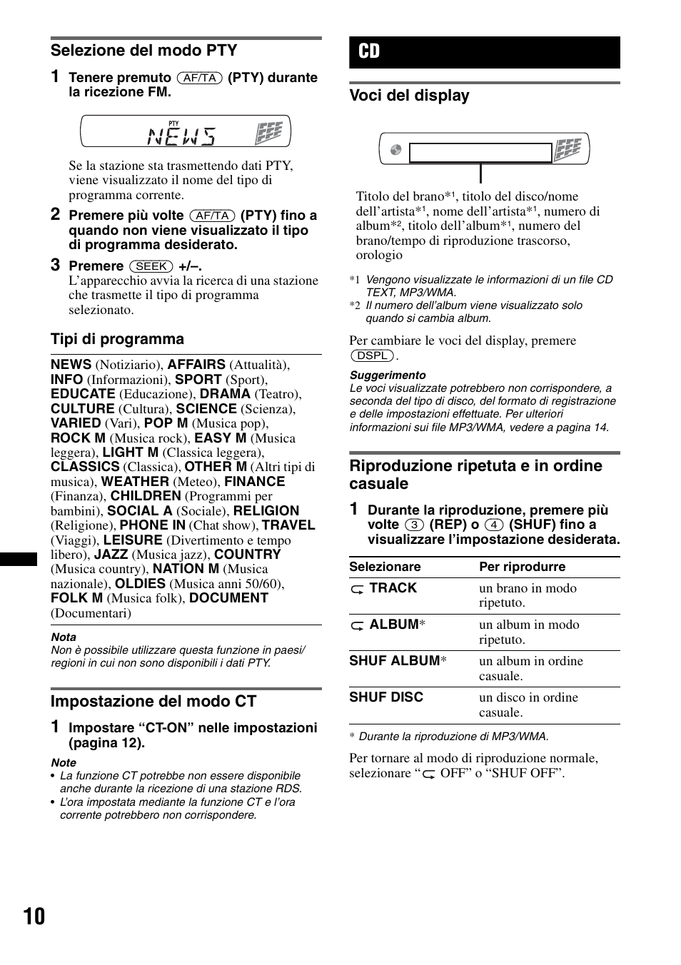 Selezione del modo pty, Impostazione del modo ct, Voci del display | Riproduzione ripetuta e in ordine casuale, Selezione del modo pty impostazione del modo ct | Sony CDX-GT29 User Manual | Page 62 / 92