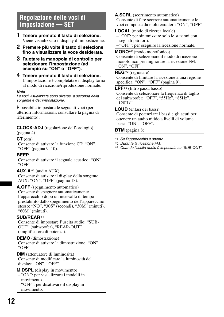 Regolazione delle voci di impostazione - set, Regolazione delle voci di impostazione — set | Sony CDX-GT29 User Manual | Page 64 / 92