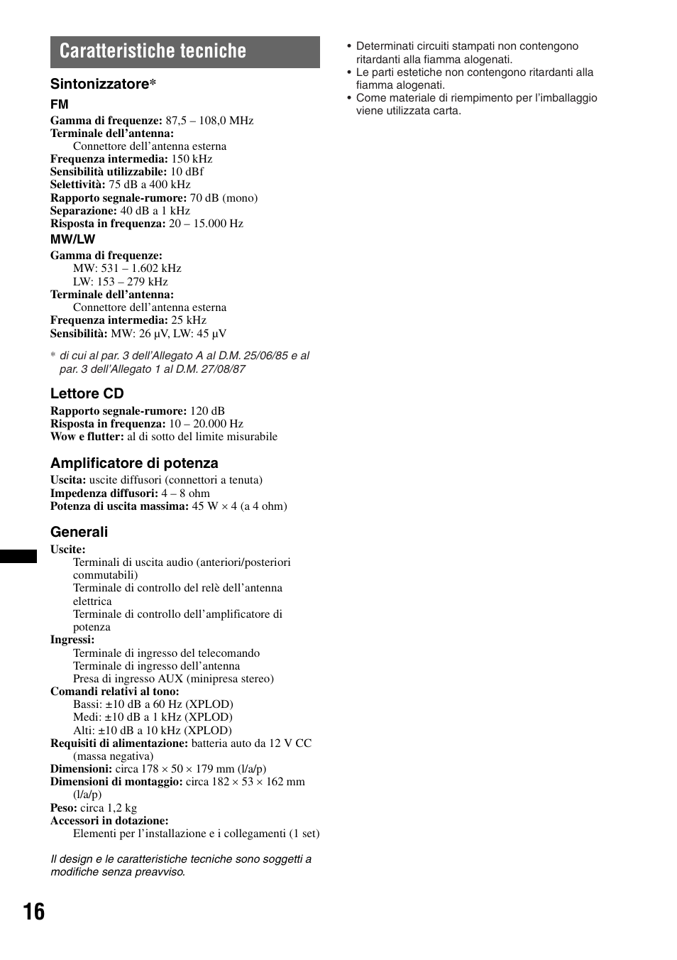 Caratteristiche tecniche | Sony CDX-GT29 User Manual | Page 68 / 92