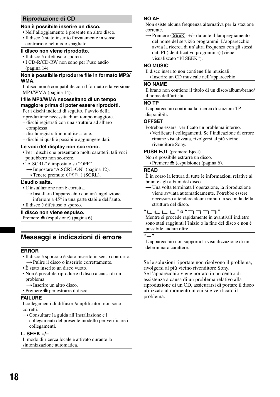Messaggi e indicazioni di errore | Sony CDX-GT29 User Manual | Page 70 / 92