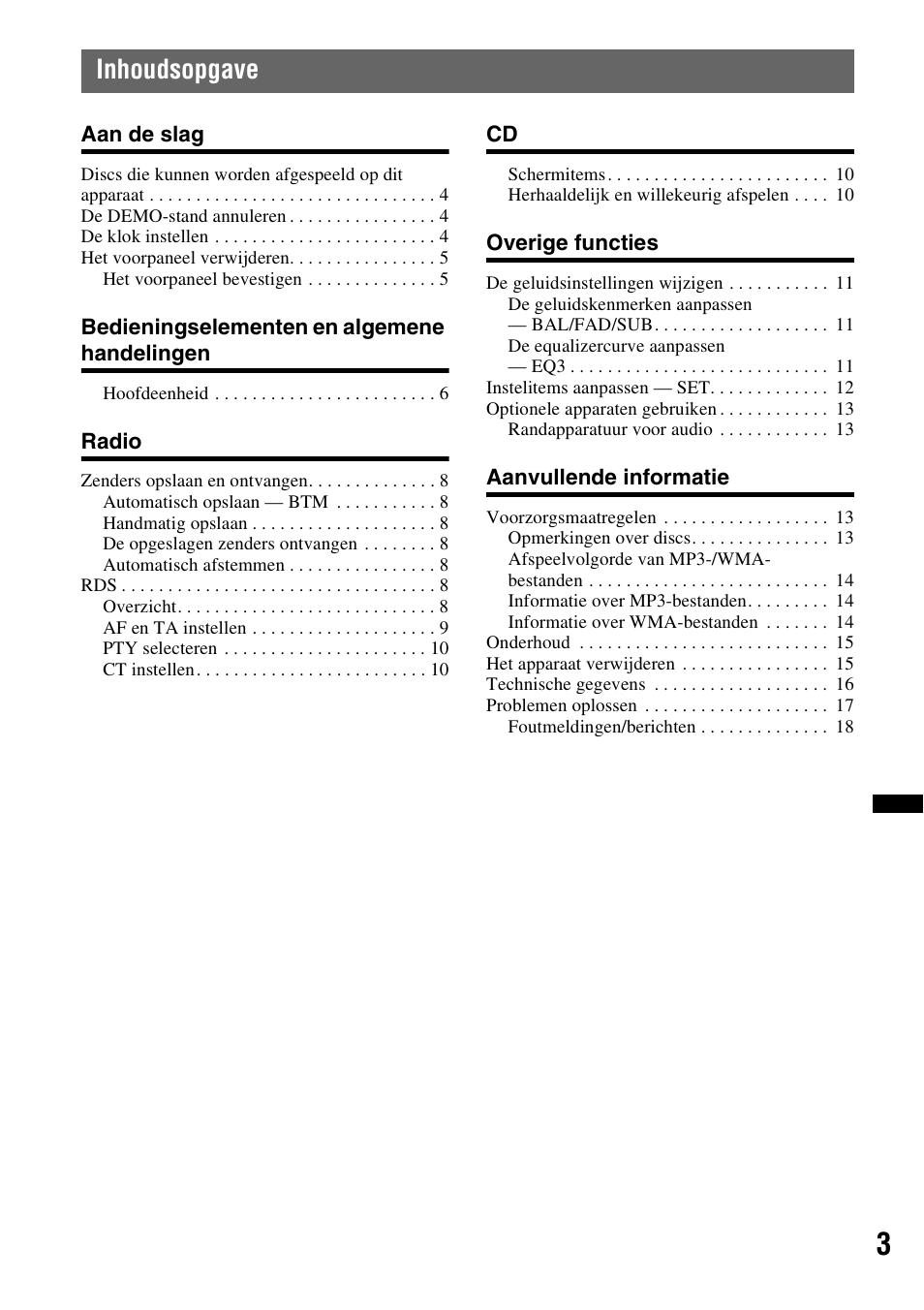 Inhoudsopgave | Sony CDX-GT29 User Manual | Page 73 / 92