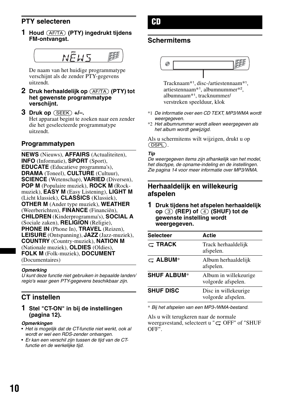 Pty selecteren, Ct instellen, Schermitems | Herhaaldelijk en willekeurig afspelen, Pty selecteren ct instellen, Schermitems herhaaldelijk en willekeurig afspelen | Sony CDX-GT29 User Manual | Page 80 / 92