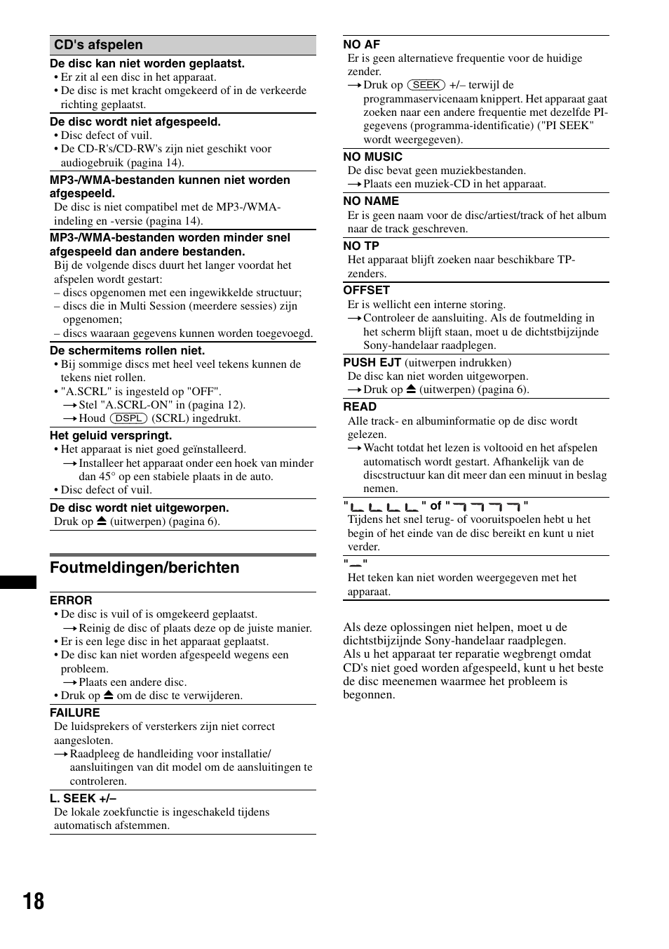 Foutmeldingen/berichten | Sony CDX-GT29 User Manual | Page 88 / 92