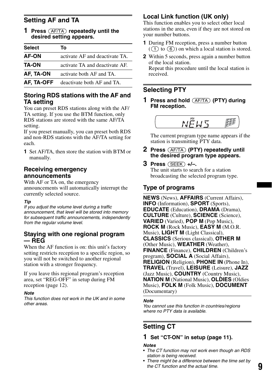 Setting af and ta, Selecting pty, Setting ct | Setting af and ta selecting pty setting ct | Sony CDX-GT29 User Manual | Page 9 / 92