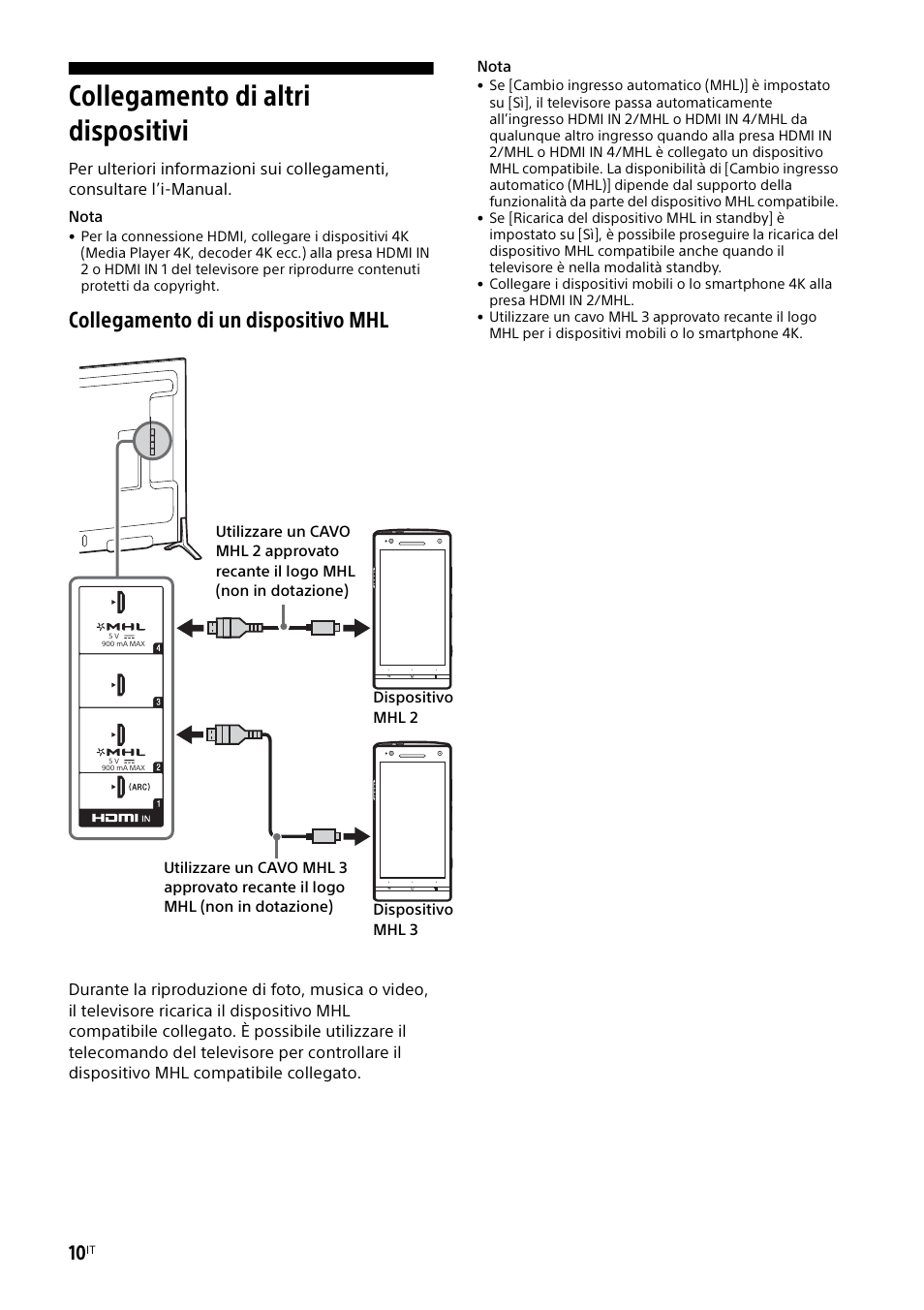 Collegamento di altri dispositivi, Collegamento di un dispositivo mhl | Sony KD-49X8505B User Manual | Page 106 / 328