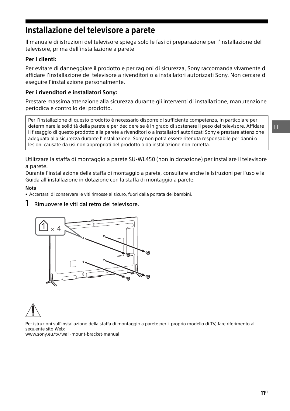 Installazione del televisore a parete, Per i clienti, Per i rivenditori e installatori sony | Sony KD-49X8505B User Manual | Page 107 / 328