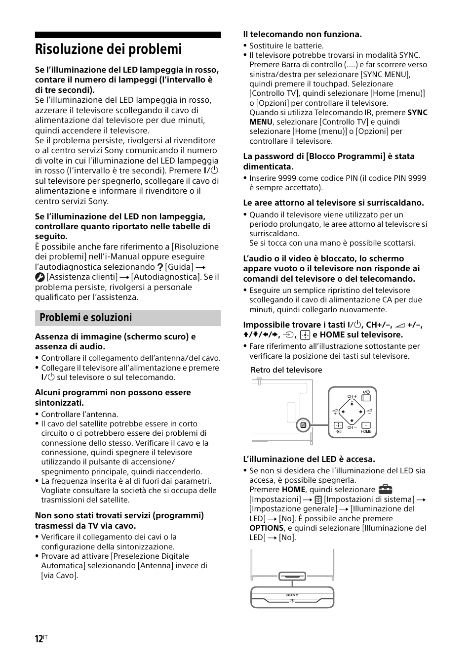 Risoluzione dei problemi, Problemi e soluzioni | Sony KD-49X8505B User Manual | Page 108 / 328