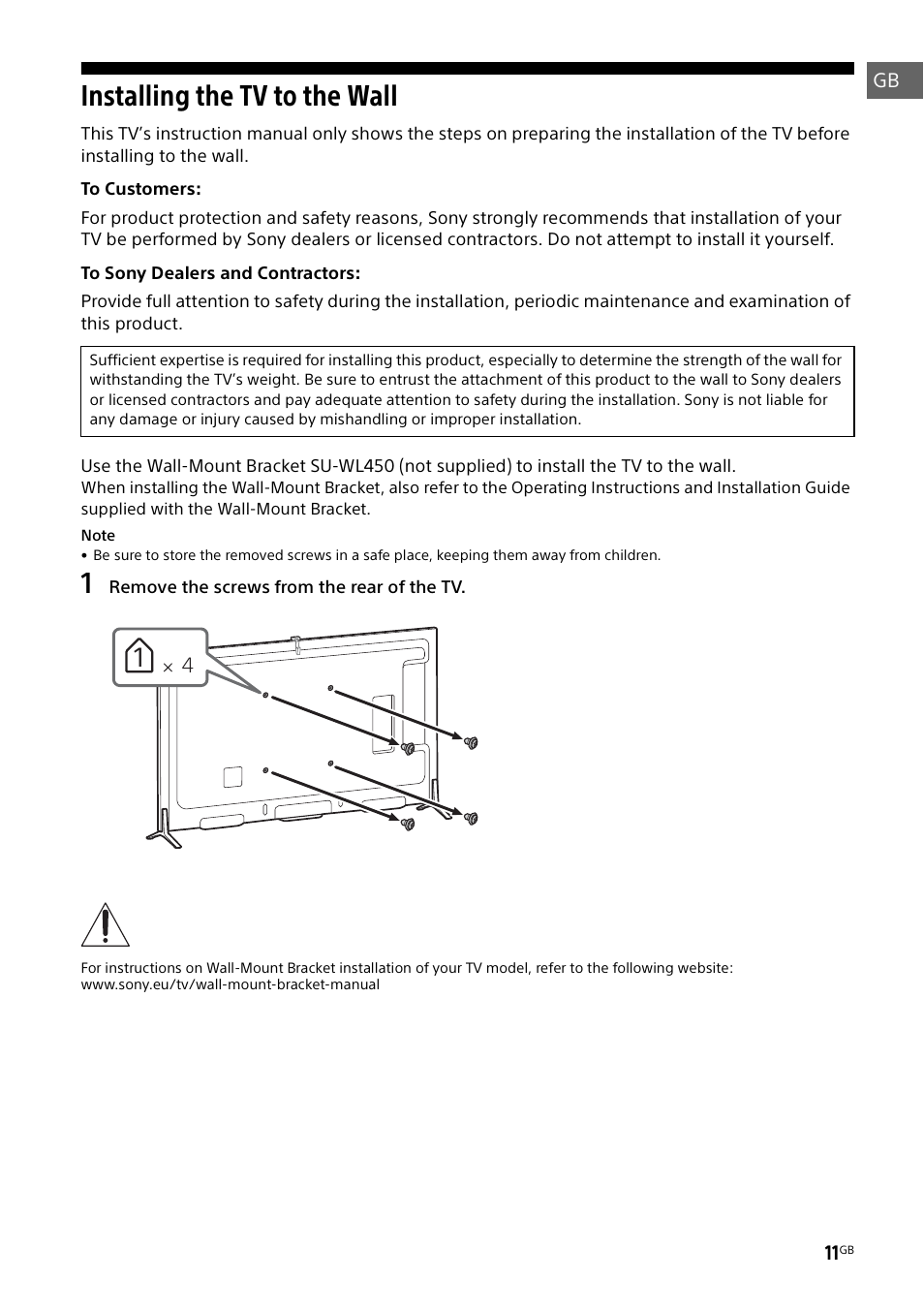 Installing the tv to the wall | Sony KD-49X8505B User Manual | Page 11 / 328