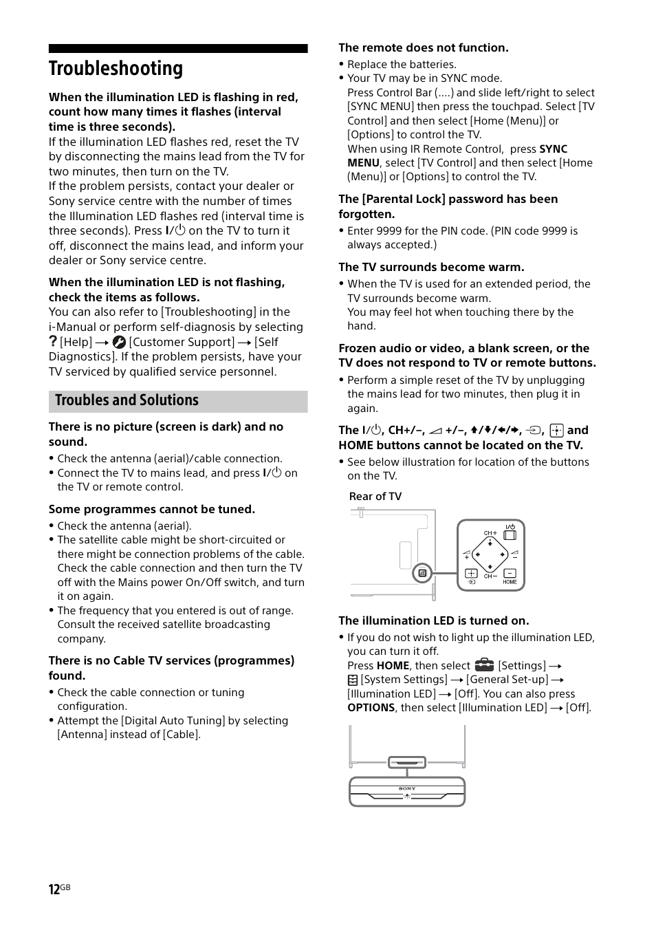 Troubleshooting, Troubles and solutions | Sony KD-49X8505B User Manual | Page 12 / 328