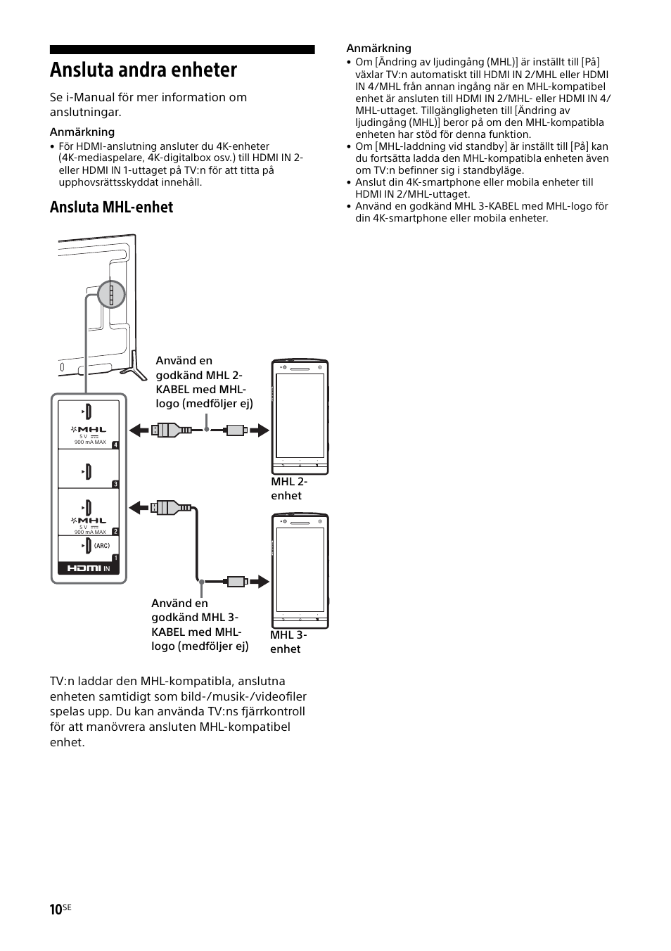 Ansluta andra enheter, Ansluta mhl-enhet | Sony KD-49X8505B User Manual | Page 122 / 328