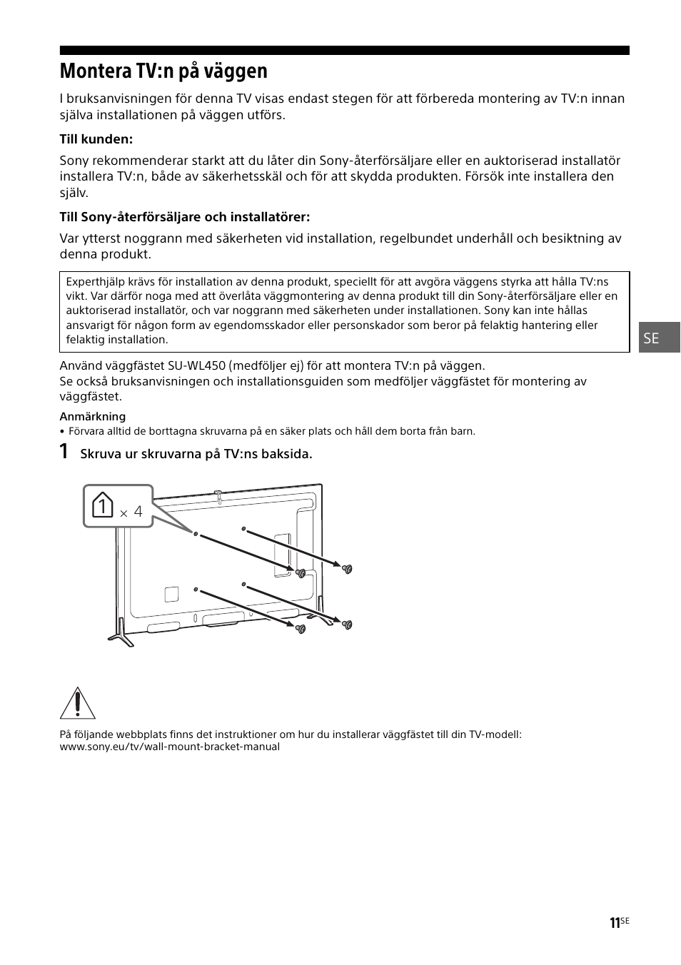 Montera tv:n på väggen, Till kunden, Till sony-återförsäljare och installatörer | Sony KD-49X8505B User Manual | Page 123 / 328