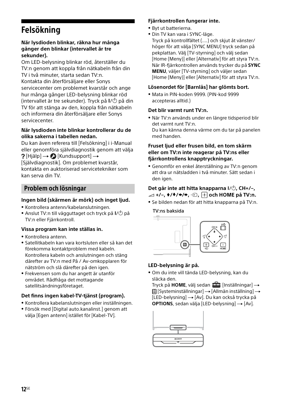 Felsökning, Problem och lösningar | Sony KD-49X8505B User Manual | Page 124 / 328