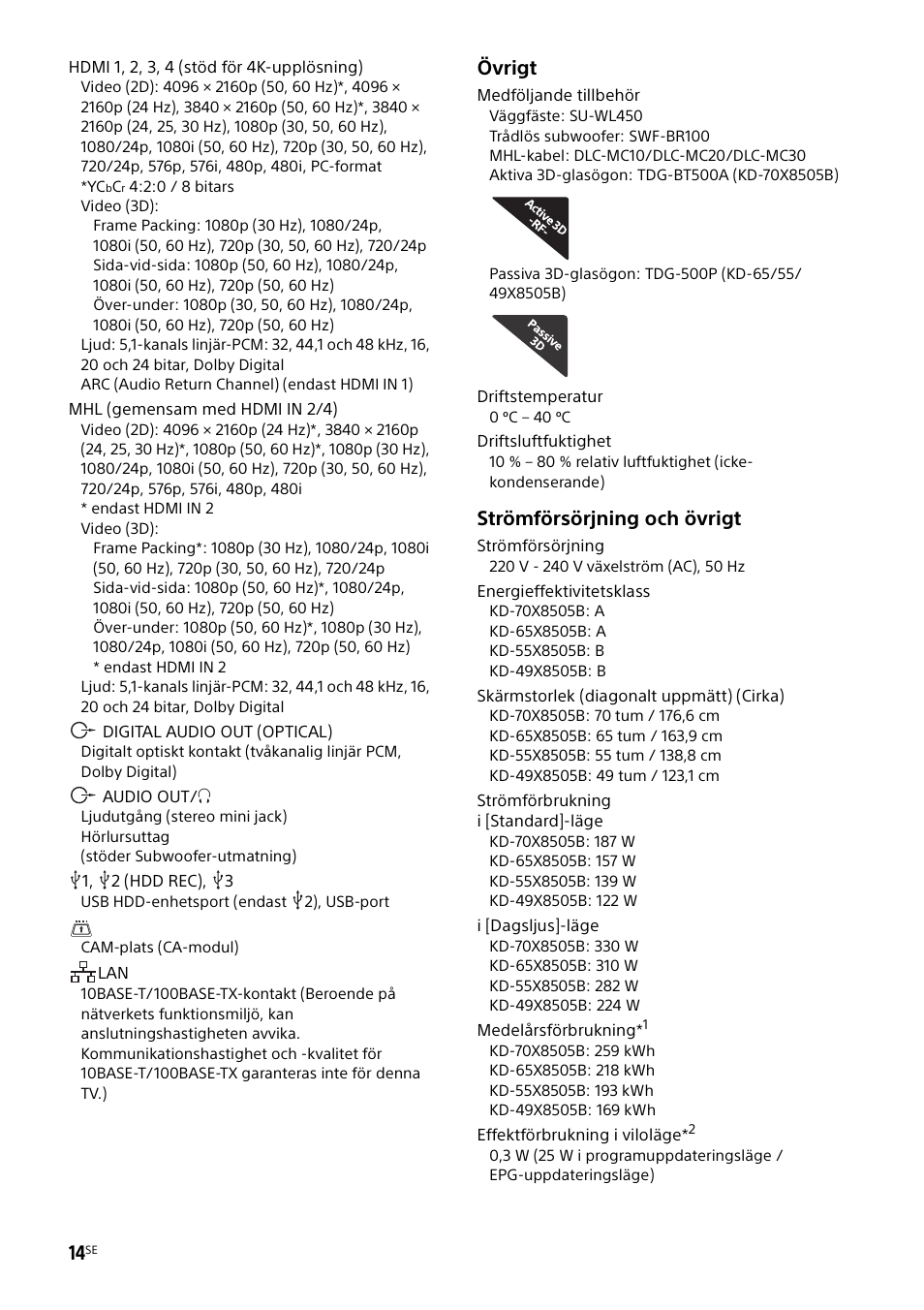 Övrigt, Strömförsörjning och övrigt | Sony KD-49X8505B User Manual | Page 126 / 328