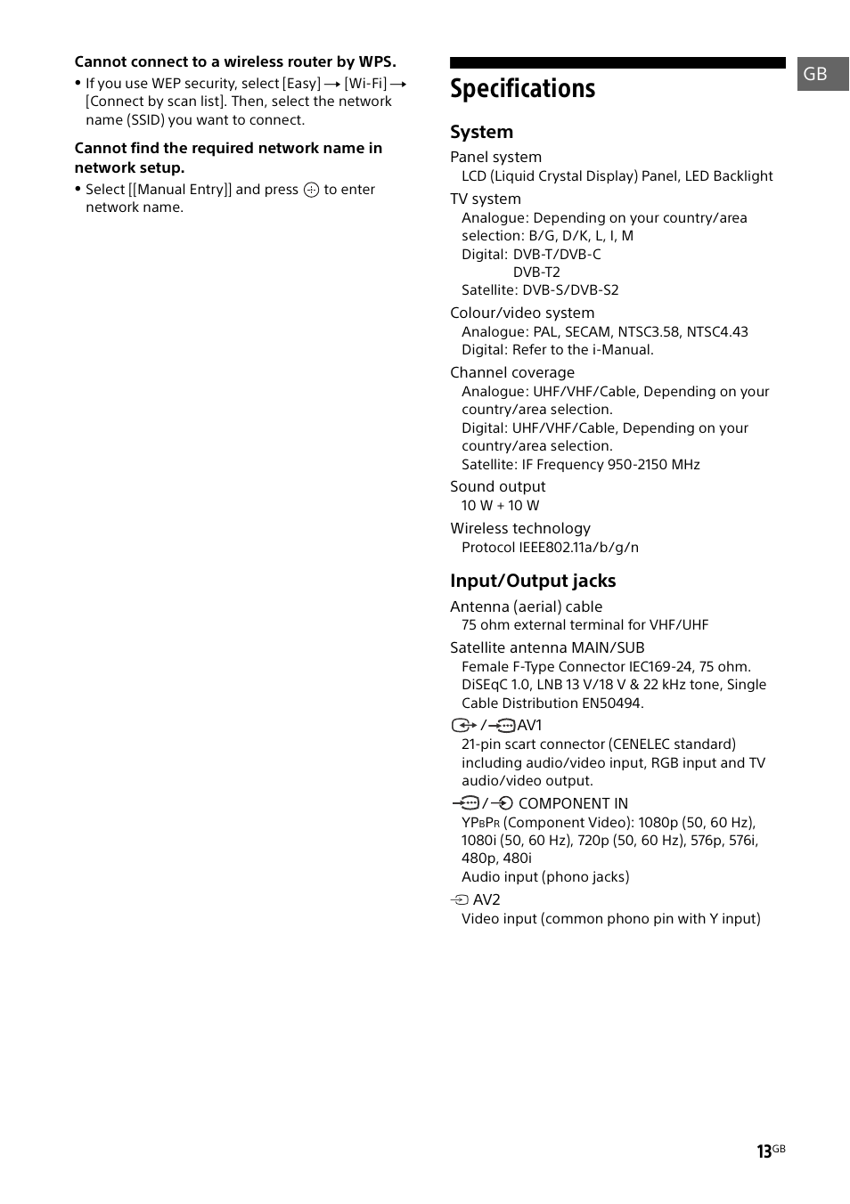 Specifications, System, Input/output jacks | Sony KD-49X8505B User Manual | Page 13 / 328