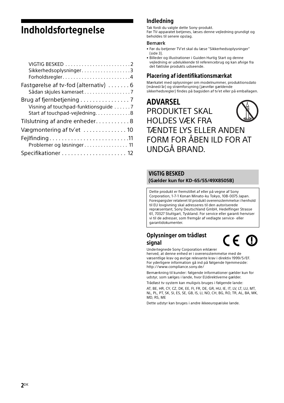 Vigtig besked, Indholdsfortegnelse, Indledning | Placering af identifikationsmærkat, Oplysninger om trådløst signal | Sony KD-49X8505B User Manual | Page 130 / 328