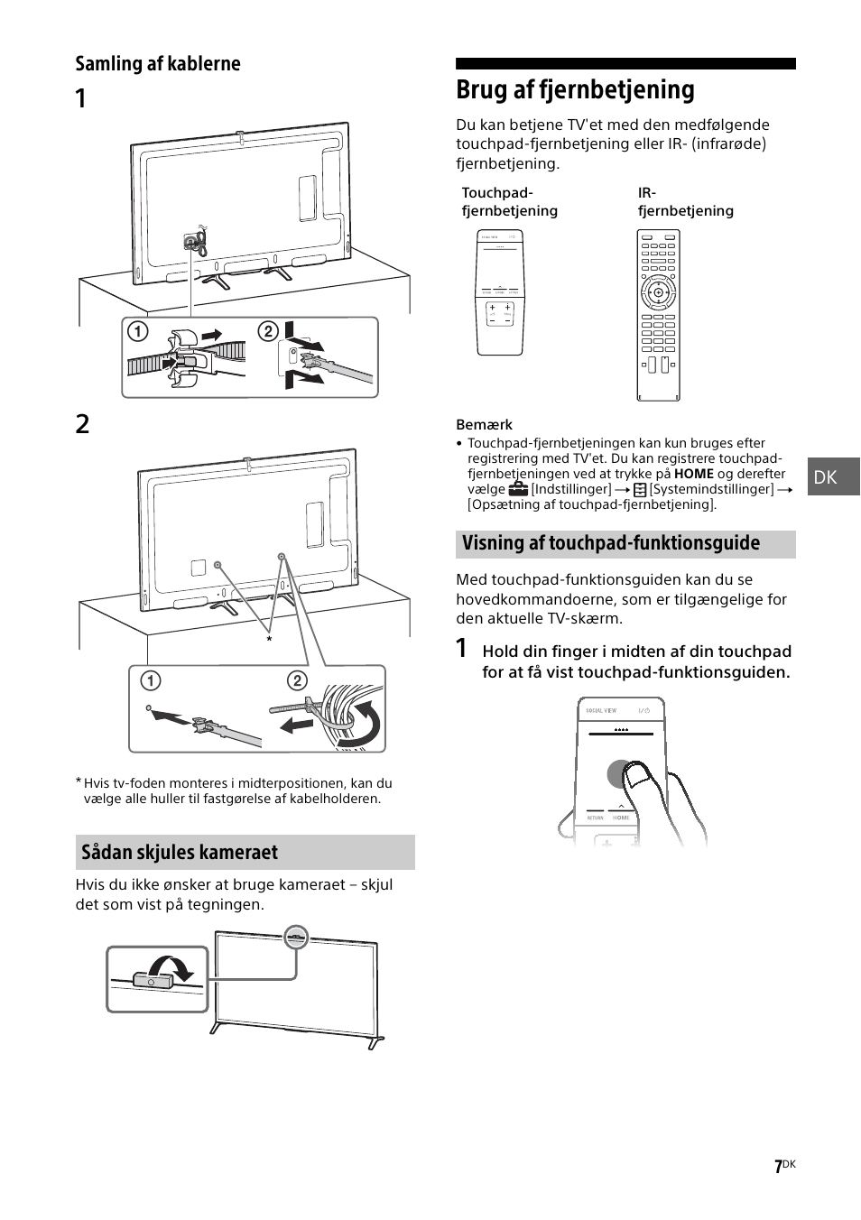 Sådan skjules kameraet, Brug af fjernbetjening, Visning af touchpad-funktionsguide | Sony KD-49X8505B User Manual | Page 135 / 328