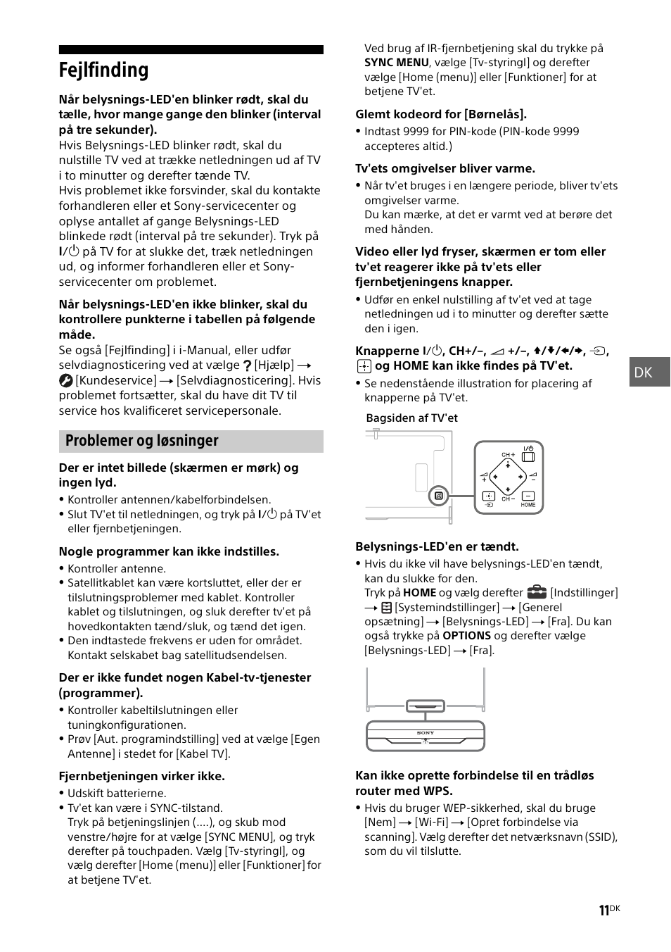 Fejlfinding, Problemer og løsninger, Dk 11 | Sony KD-49X8505B User Manual | Page 139 / 328