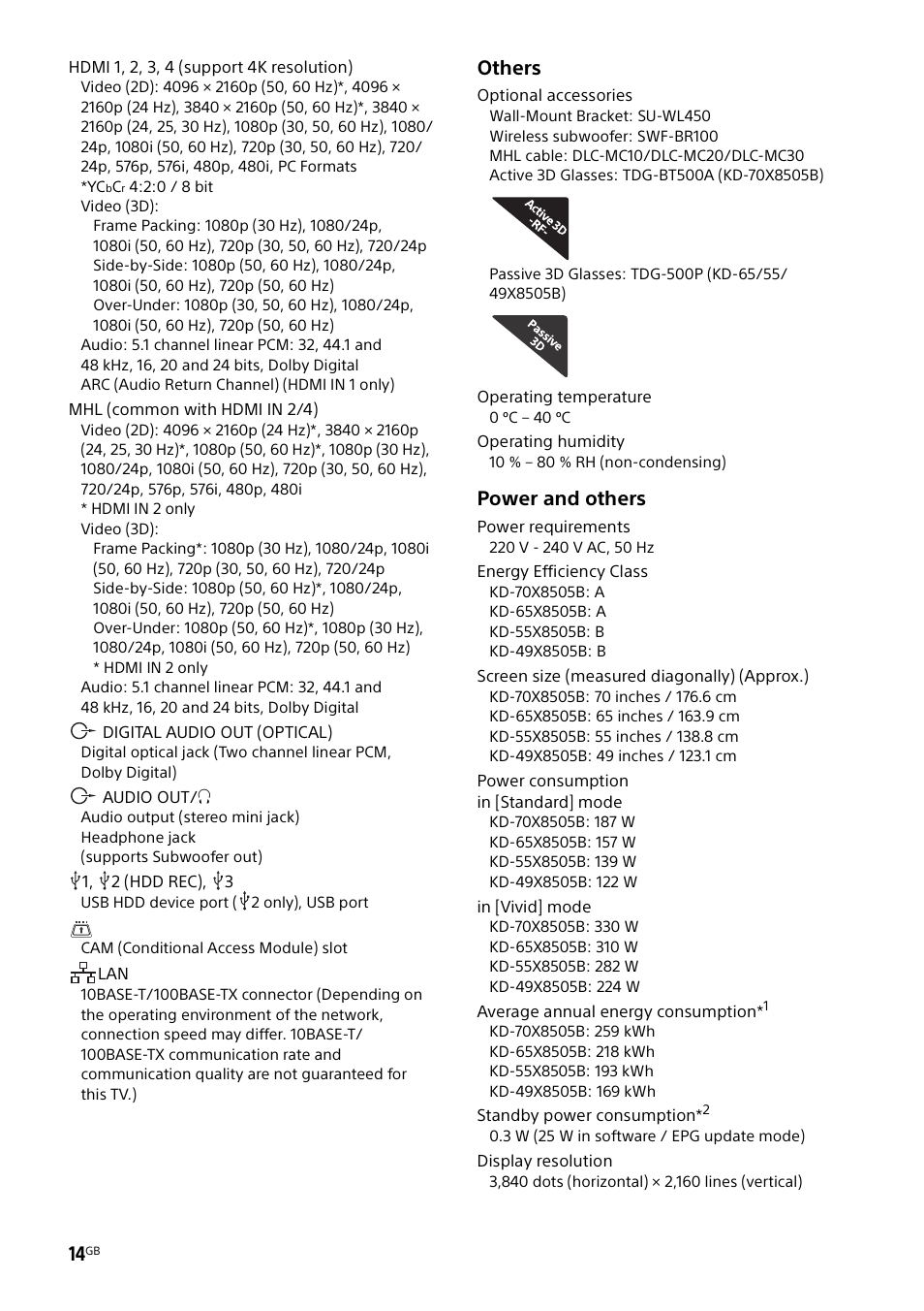 Others, Power and others | Sony KD-49X8505B User Manual | Page 14 / 328