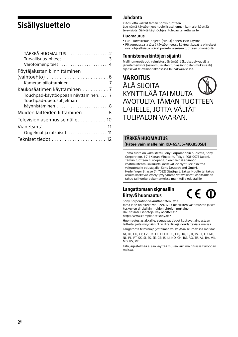 Tärkeä huomautus, Sisällysluettelo | Sony KD-49X8505B User Manual | Page 144 / 328