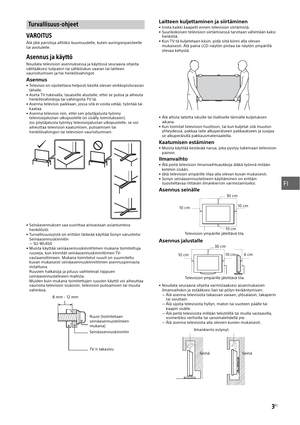 Turvallisuus-ohjeet, Sivu 3), Fi 3 | Varoitus, Asennus ja käyttö | Sony KD-49X8505B User Manual | Page 145 / 328