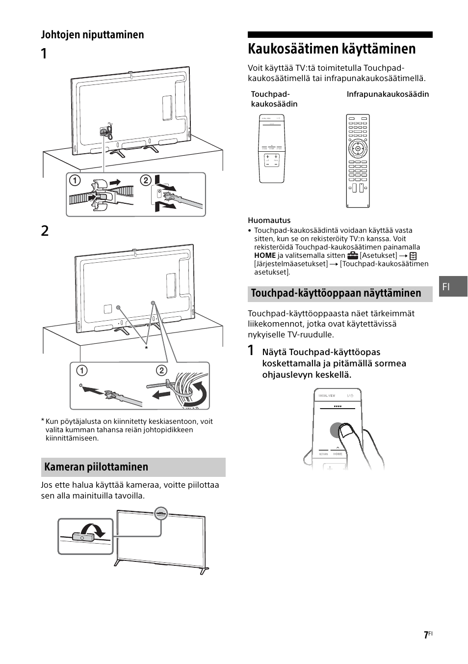 Kameran piilottaminen, Kaukosäätimen käyttäminen, Touchpad-käyttöoppaan näyttäminen | Sony KD-49X8505B User Manual | Page 149 / 328