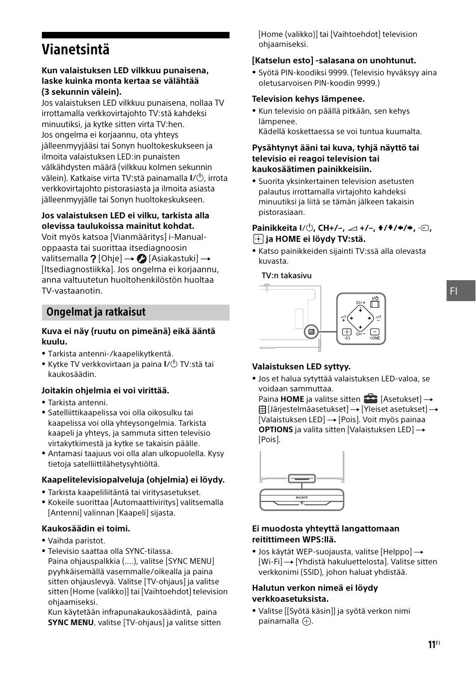Vianetsintä, Ongelmat ja ratkaisut | Sony KD-49X8505B User Manual | Page 153 / 328