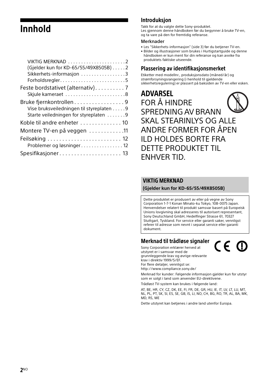 Viktig merknad, Gjelder kun for kd-65/55/49x8505b), Innhold | Sony KD-49X8505B User Manual | Page 158 / 328