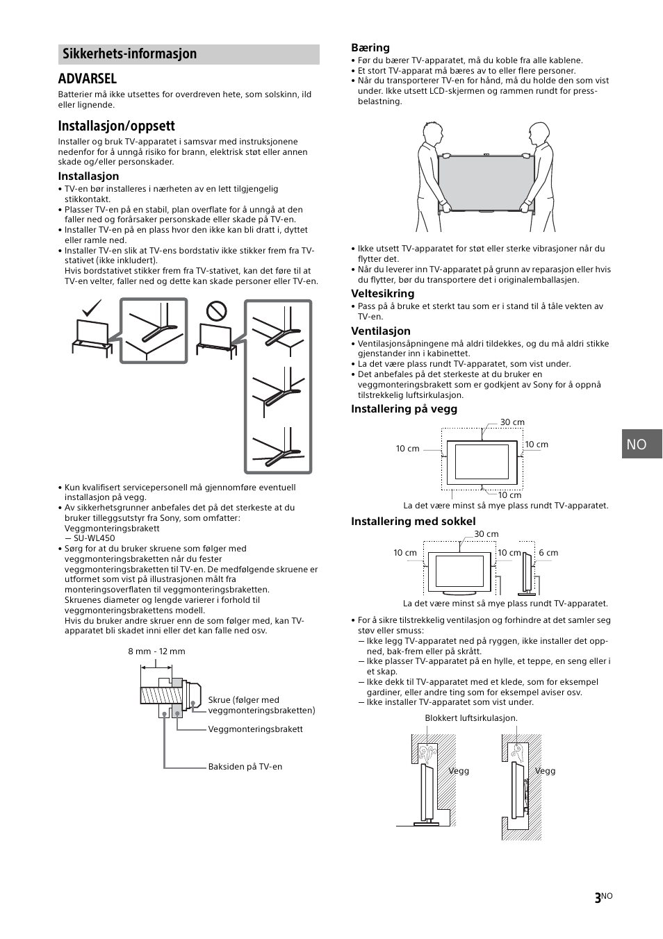 Sikkerhets-informasjon, Es "sikkerhets-informasjon, Side 3) f | No 3, Advarsel, Installasjon/oppsett | Sony KD-49X8505B User Manual | Page 159 / 328