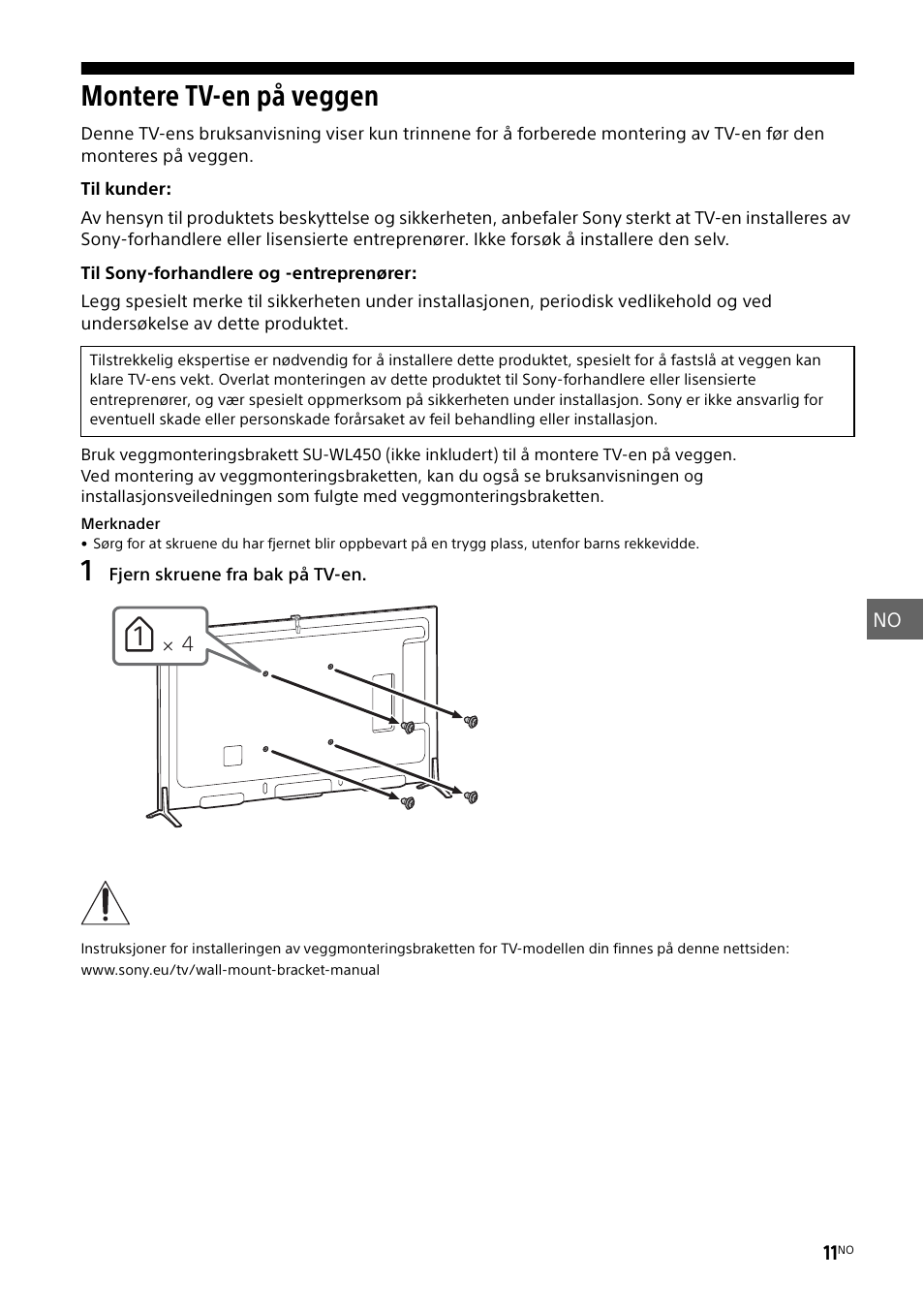 Montere tv-en på veggen | Sony KD-49X8505B User Manual | Page 167 / 328