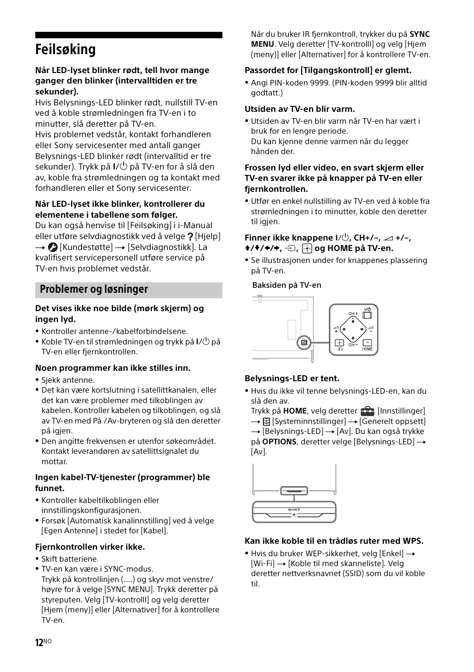 Feilsøking, Problemer og løsninger | Sony KD-49X8505B User Manual | Page 168 / 328