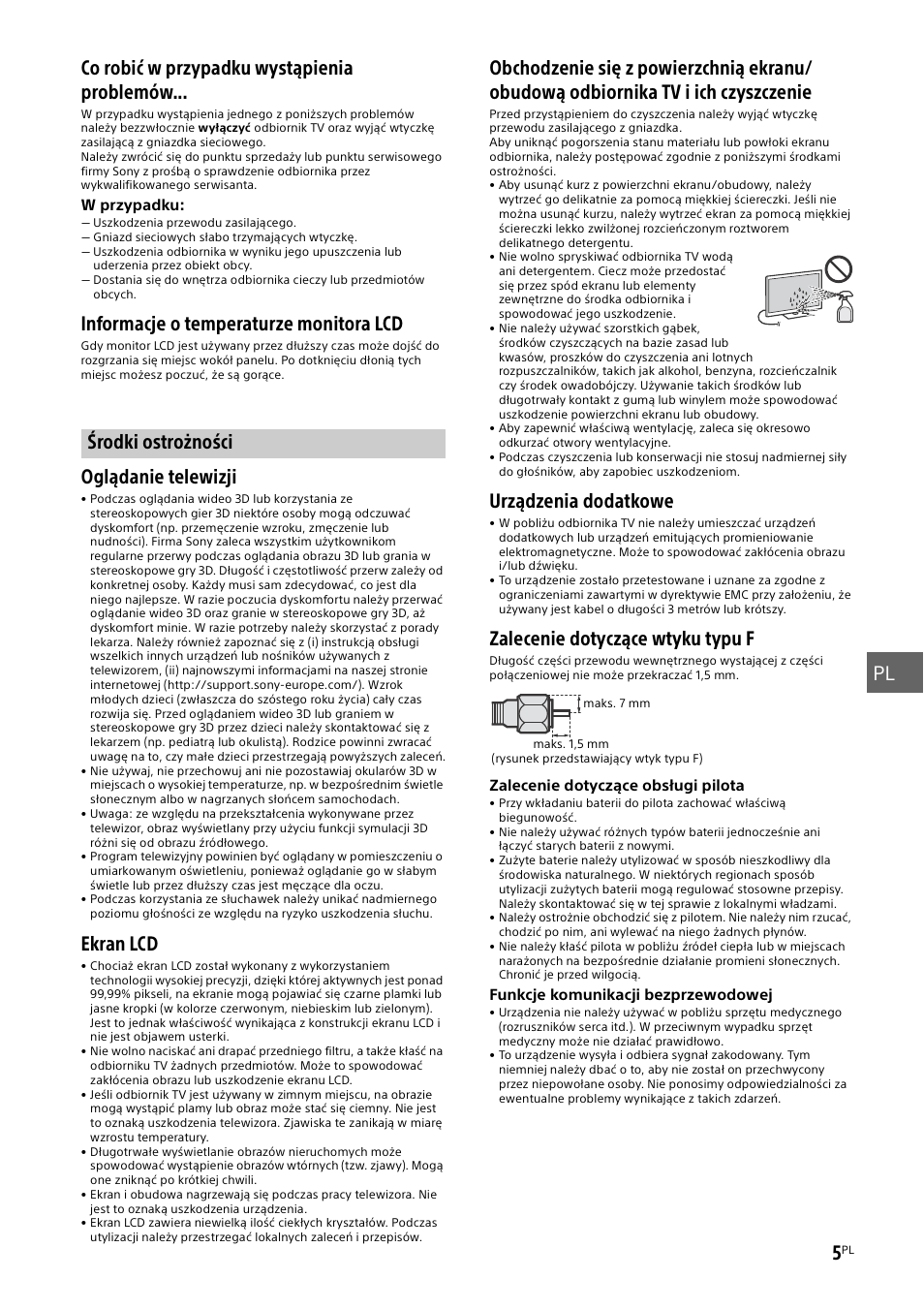 Środki ostrożności, Informacje o temperaturze monitora lcd, Oglądanie telewizji | Ekran lcd, Urządzenia dodatkowe, Zalecenie dotyczące wtyku typu f | Sony KD-49X8505B User Manual | Page 177 / 328