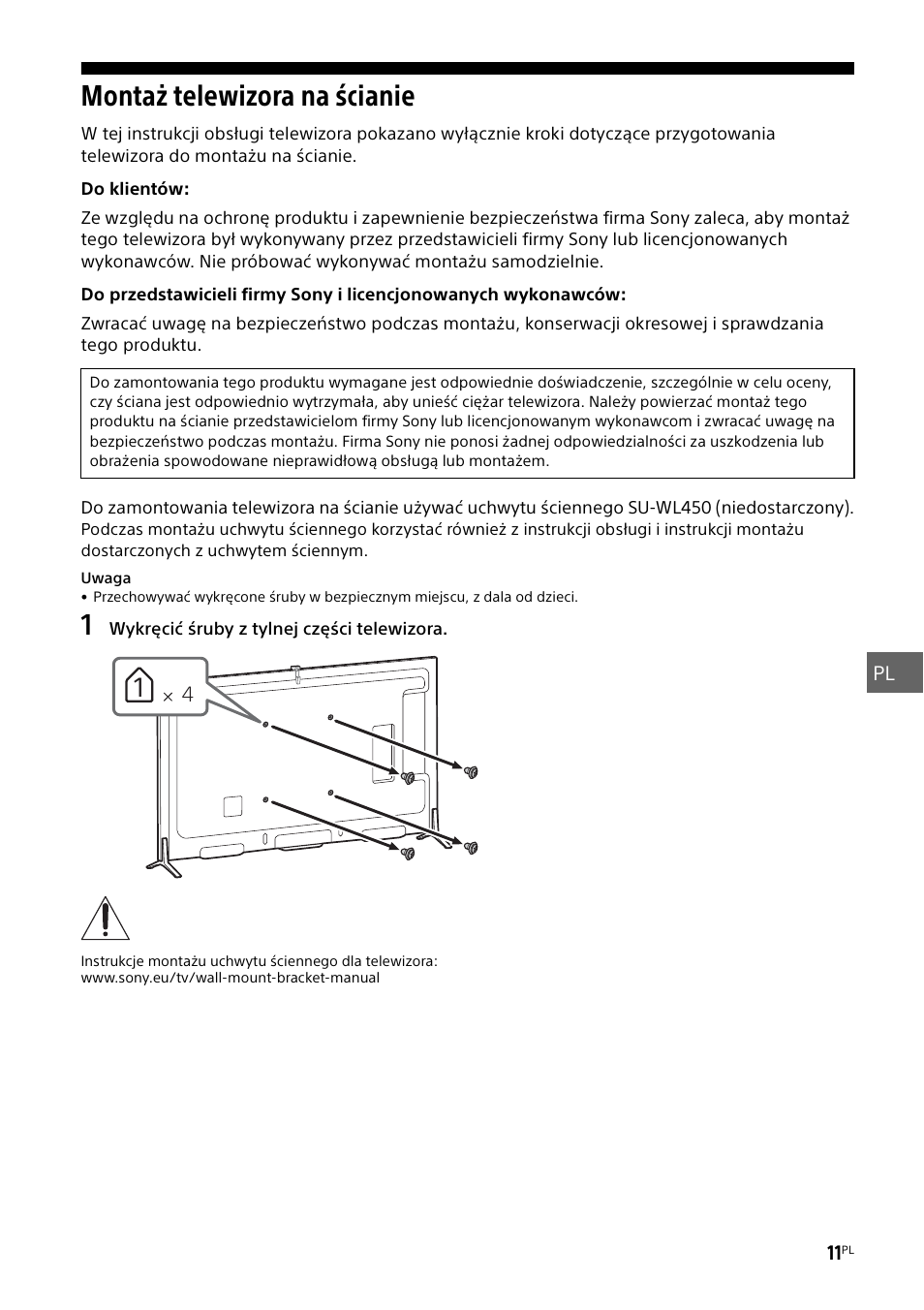 Montaż telewizora na ścianie | Sony KD-49X8505B User Manual | Page 183 / 328