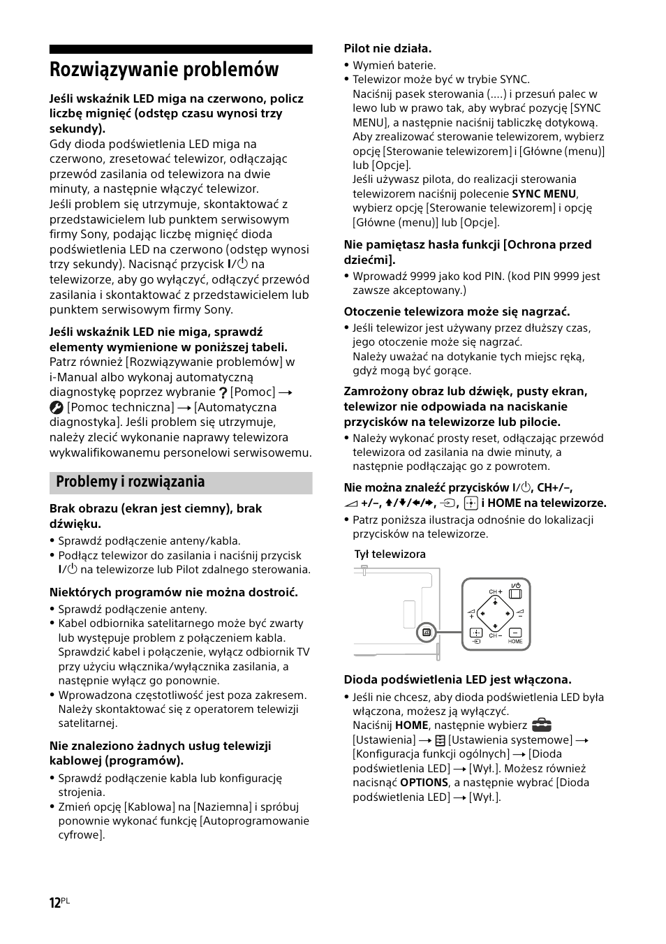 Rozwiązywanie problemów, Problemy i rozwiązania | Sony KD-49X8505B User Manual | Page 184 / 328