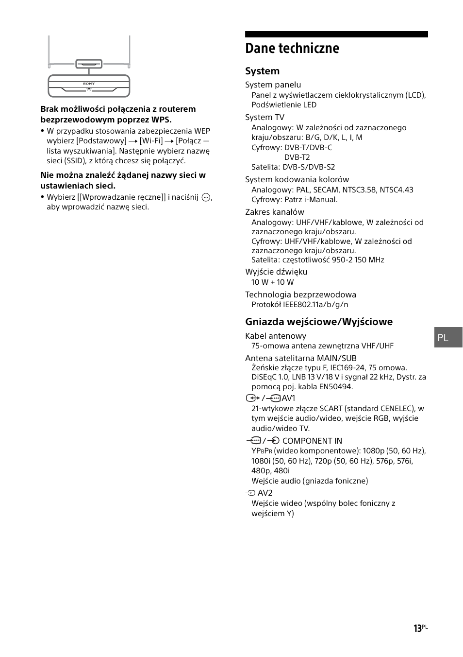 Dane techniczne | Sony KD-49X8505B User Manual | Page 185 / 328