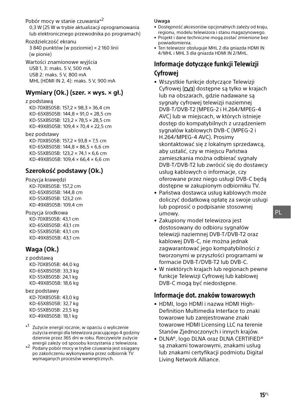 Informacje dotyczące funkcji telewizji cyfrowej, Informacje dot. znaków towarowych | Sony KD-49X8505B User Manual | Page 187 / 328