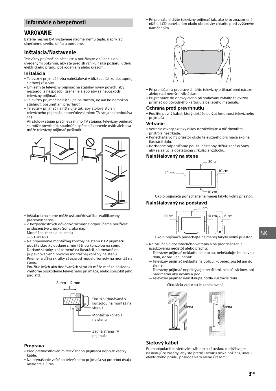 Informácie o bezpečnosti, Sk 3, Varovanie | Inštalácia/nastavenie | Sony KD-49X8505B User Manual | Page 205 / 328