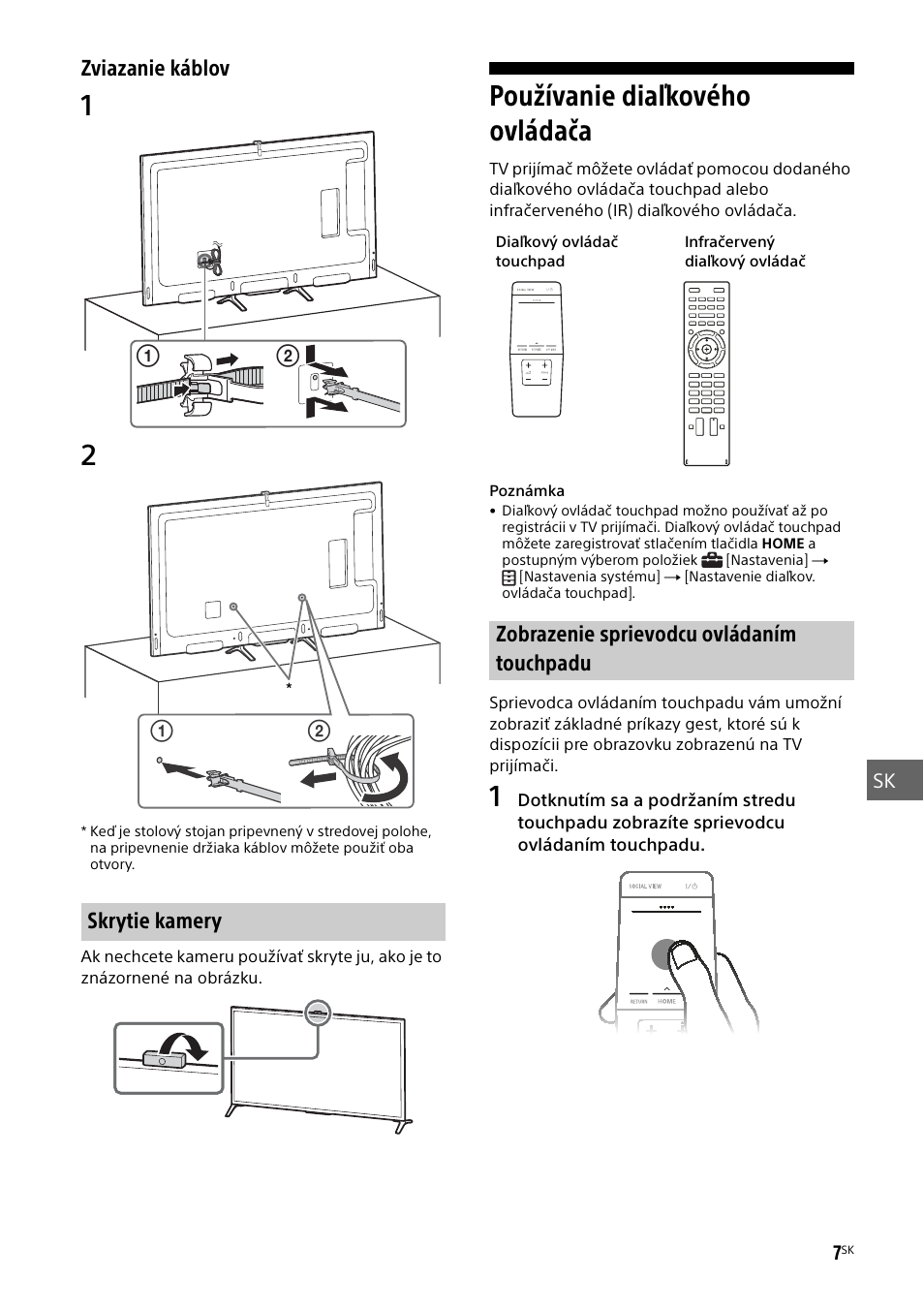 Skrytie kamery, Používanie diaľkového ovládača, Zobrazenie sprievodcu ovládaním touchpadu | Sony KD-49X8505B User Manual | Page 209 / 328