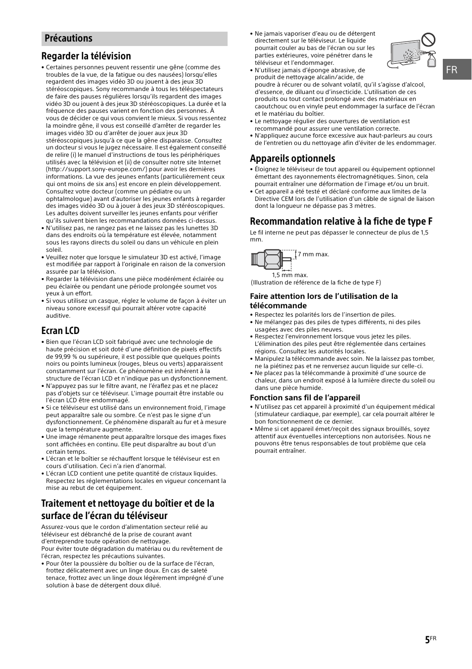 Précautions, Ecran lcd, Appareils optionnels | Recommandation relative à la fiche de type f | Sony KD-49X8505B User Manual | Page 21 / 328