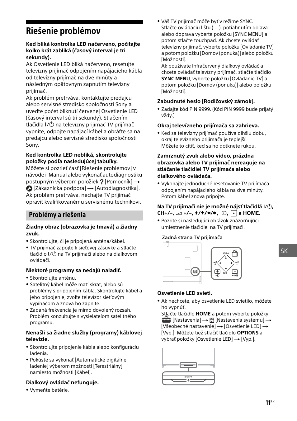 Riešenie problémov, Problémy a riešenia, Sk 11 | Sony KD-49X8505B User Manual | Page 213 / 328