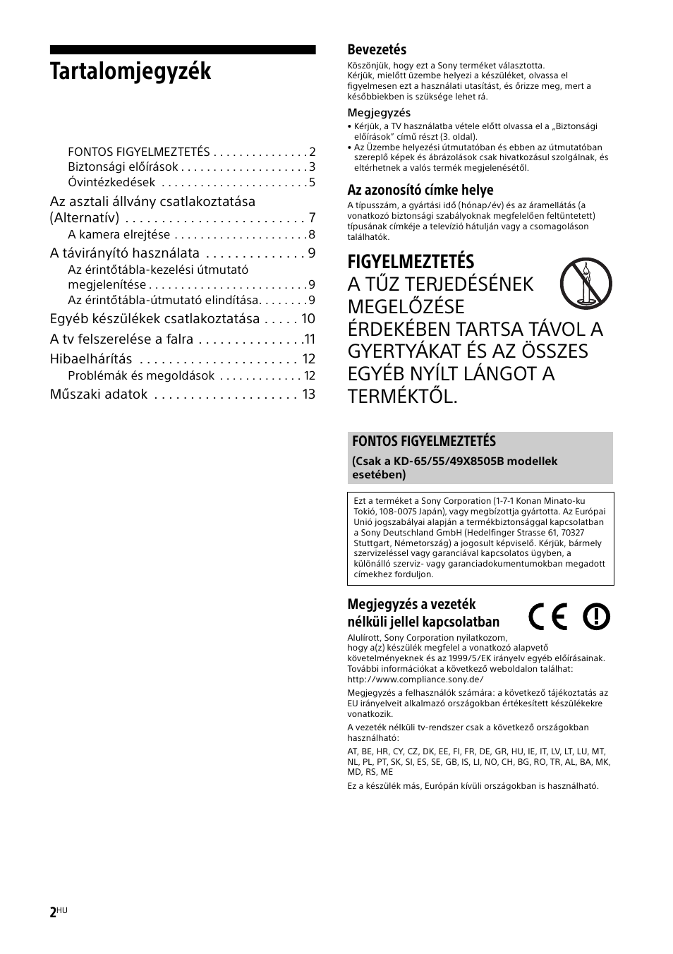 Fontos figyelmeztetés, Tartalomjegyzék, Bevezetés | Az azonosító címke helye, Megjegyzés a vezeték nélküli jellel kapcsolatban | Sony KD-49X8505B User Manual | Page 218 / 328