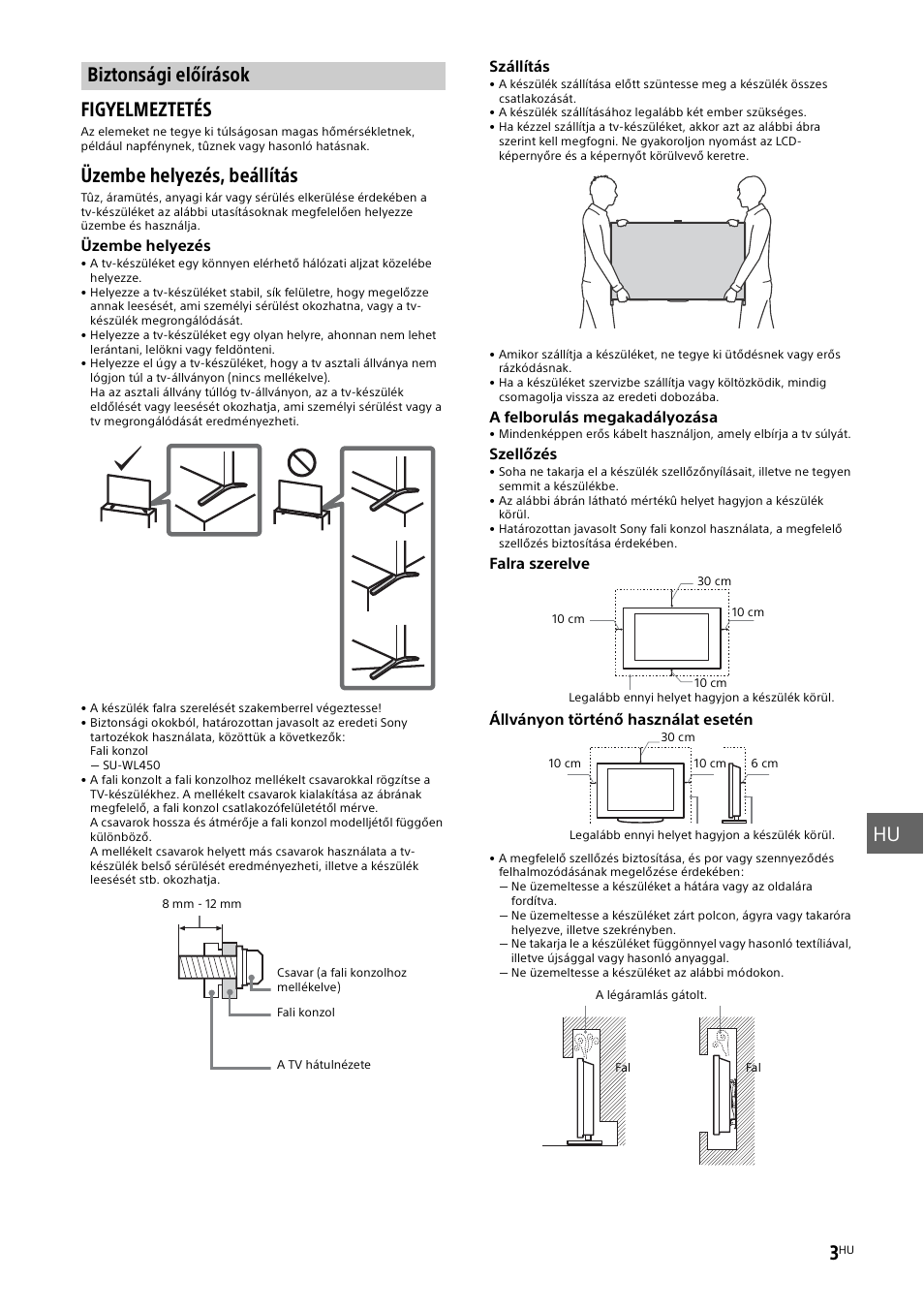 Biztonsági előírások, Biztonsági, Előírások | Oldal), Hu 3, Figyelmeztetés, Üzembe helyezés, beállítás | Sony KD-49X8505B User Manual | Page 219 / 328
