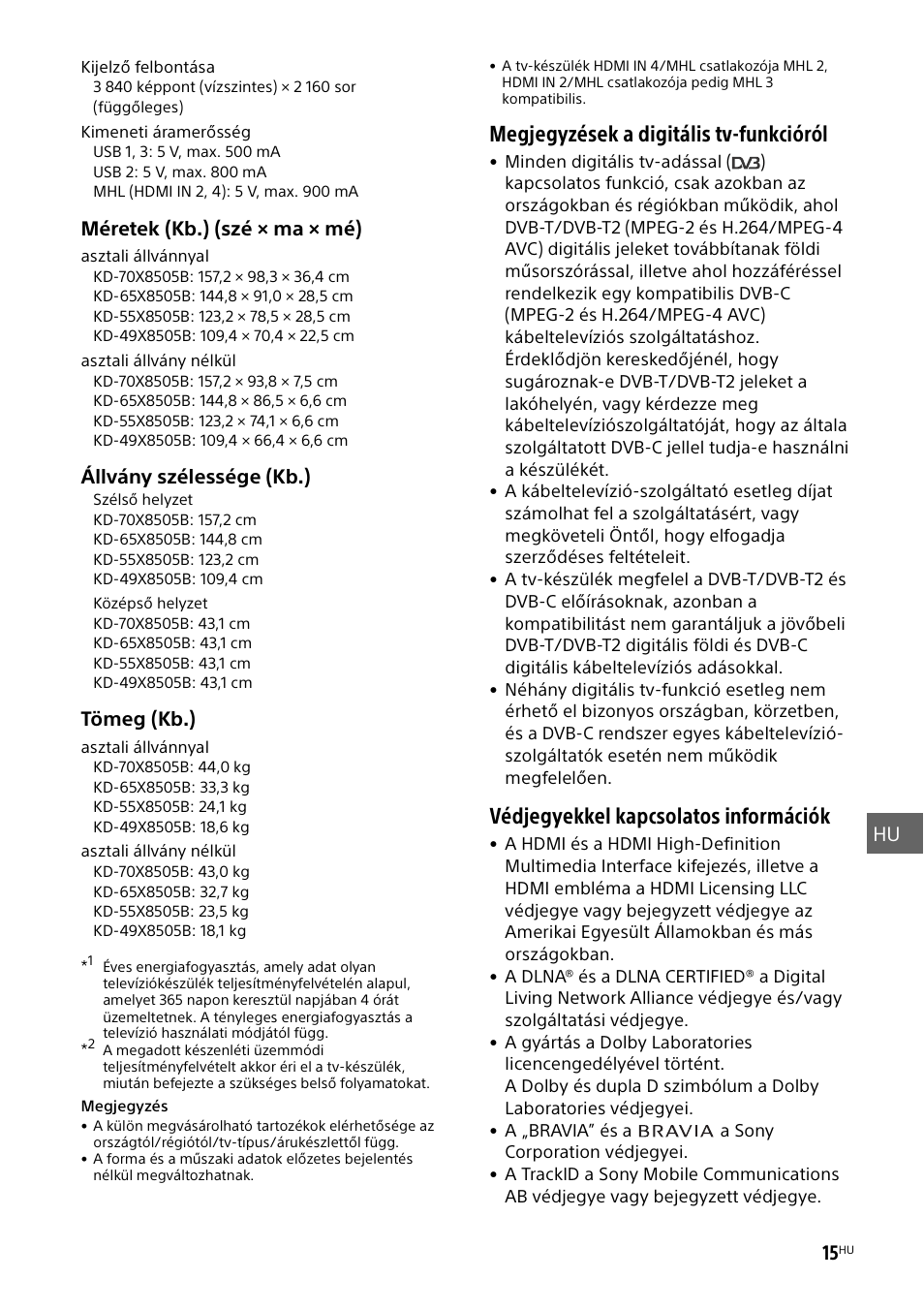 Megjegyzések a digitális tv-funkcióról, Védjegyekkel kapcsolatos információk, Hu 15 | Méretek (kb.) (szй ч ma × mé), Állvány szélessége (kb.), Tömeg (kb.) | Sony KD-49X8505B User Manual | Page 231 / 328