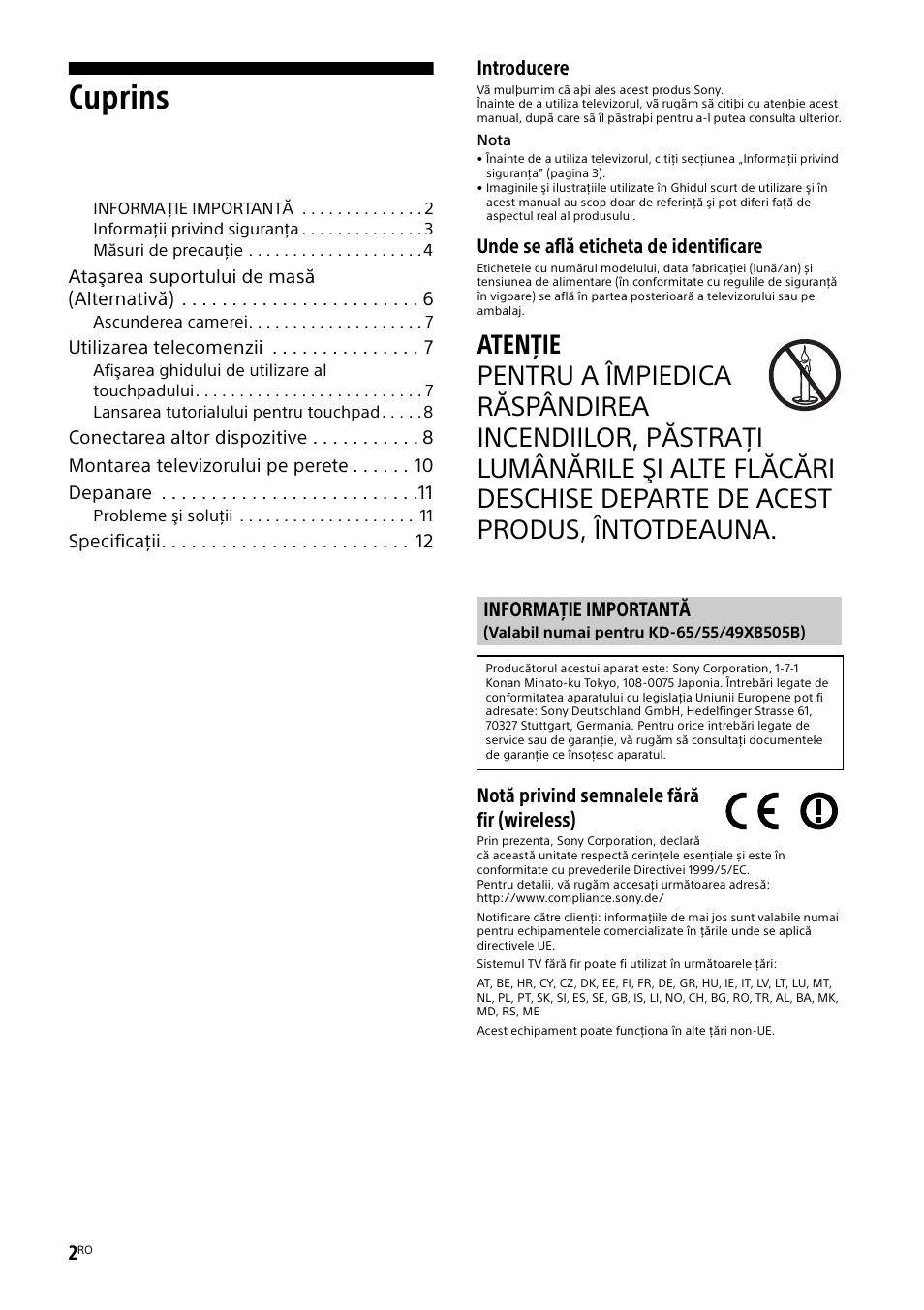 Informaţie importantă, Cuprins, Introducere | Unde se află eticheta de identificare, Notă privind semnalele fără fir (wireless) | Sony KD-49X8505B User Manual | Page 234 / 328