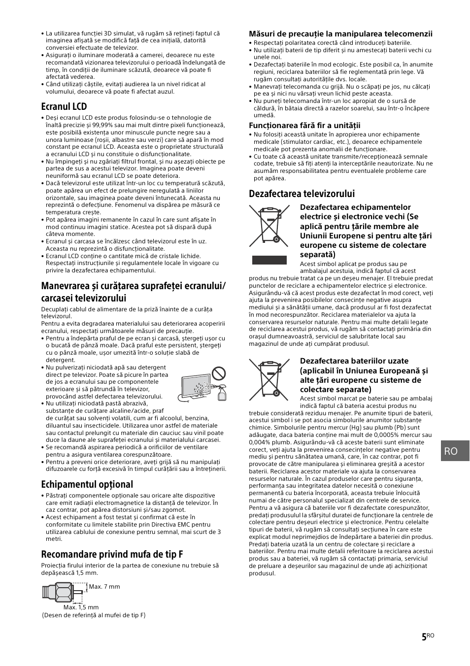 Ro 5, Ecranul lcd, Echipamentul opţional | Recomandare privind mufa de tip f, Dezafectarea televizorului | Sony KD-49X8505B User Manual | Page 237 / 328