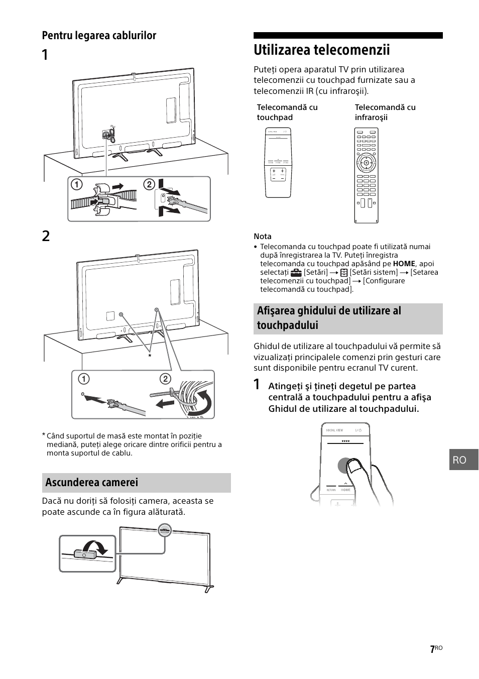 Ascunderea camerei, Utilizarea telecomenzii, Afişarea ghidului de utilizare al touchpadului | Sony KD-49X8505B User Manual | Page 239 / 328